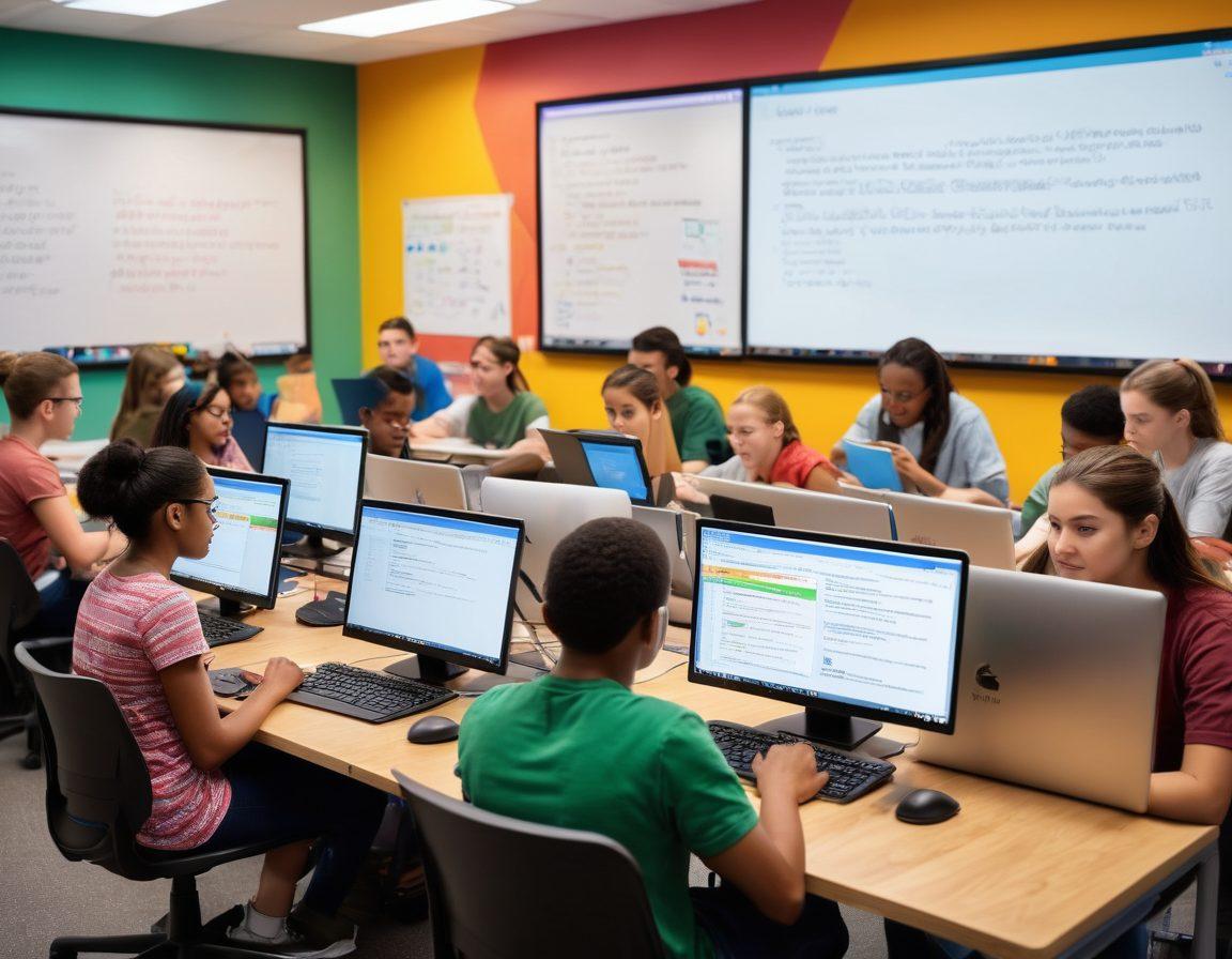 A vibrant classroom scene with students eagerly coding on their laptops, diverse students collaborating intensely at workstations, inspirational posters about web development on the walls, and a passionate teacher guiding them. The background should feature a large whiteboard with HTML/CSS/JavaScript snippets. super-realistic. vibrant colors.