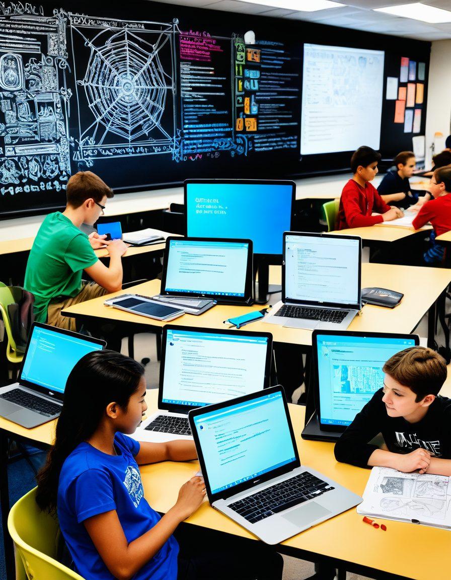 A vivid classroom scene where students collaborate using both design and coding tools; one student sketches a web design on a digital tablet while another codes on a laptop. Surrounded by inspirational posters of famous websites, and a teacher guiding with enthusiasm. sleek, modern design. vibrant colors. super-realistic.