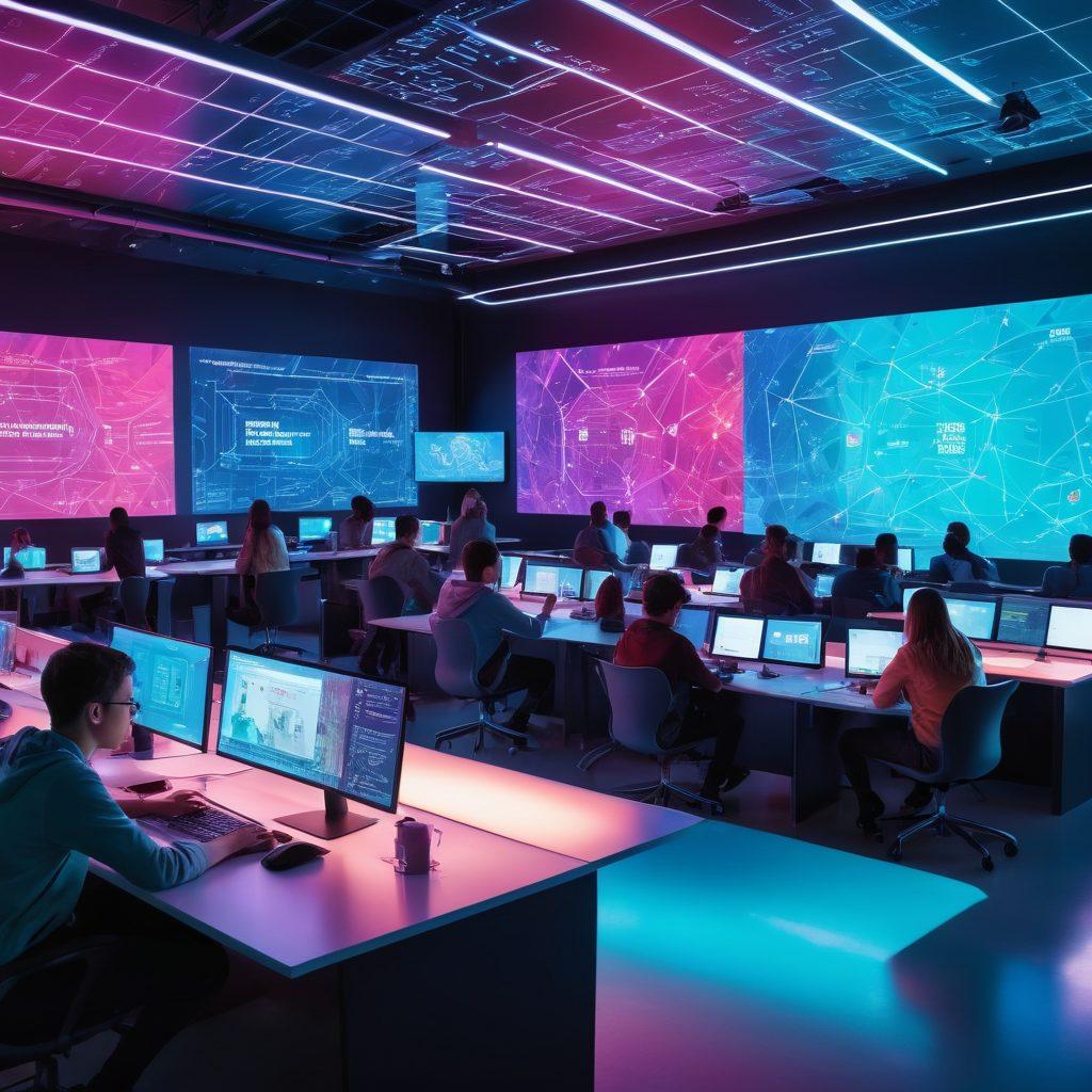 A futuristic classroom with students working on high-tech projects; holographic screens displaying code and web designs, a mentor guiding students, and high-energy collaboration. Background elements indicating a modern, innovative educational environment. super-realistic. vibrant colors. dynamic lighting.